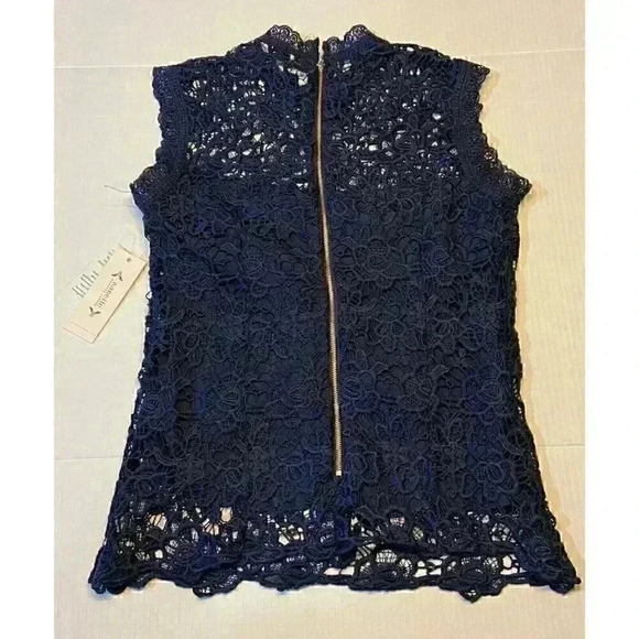 Nanette Lepore Women's Sleeveless SMALL Navy Blue Lace Top Embroidered Classic - Picture 7 of 10